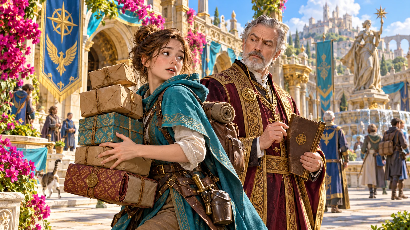 A traveller carrying parcels receives a doubtful look from an elder in a bright fantasy courtyard.