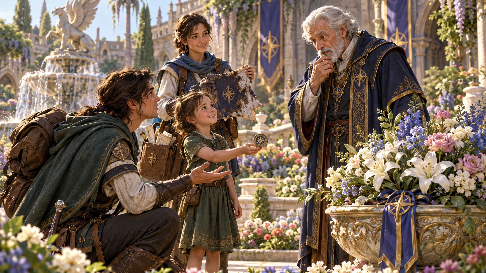 A child returns a token beside a repaired display as an elder considers the group.
