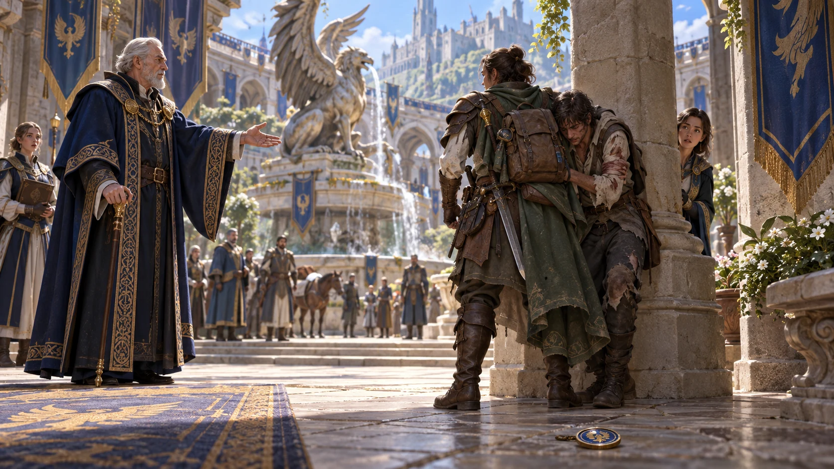 A traveller supports an injured person while an elder gestures toward the guild courtyard.